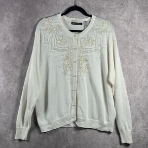 Vintage Dana Scott Cardigan Sweater Womens L White Knit Beaded Sequins Old Money